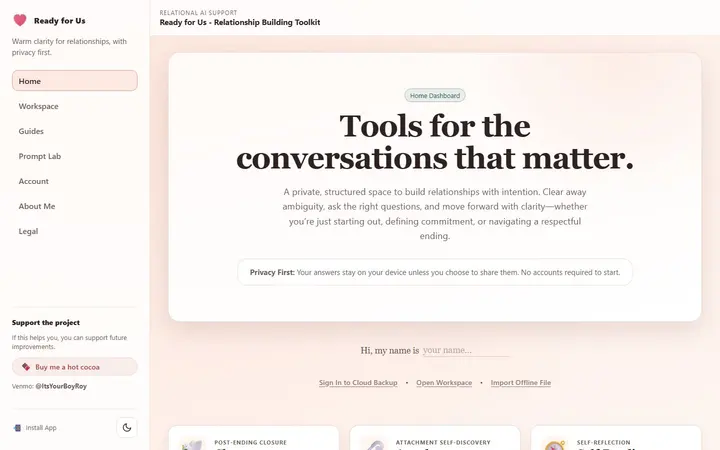 Desktop screenshot of the website for Ready for Us, showcasing its layout and design.