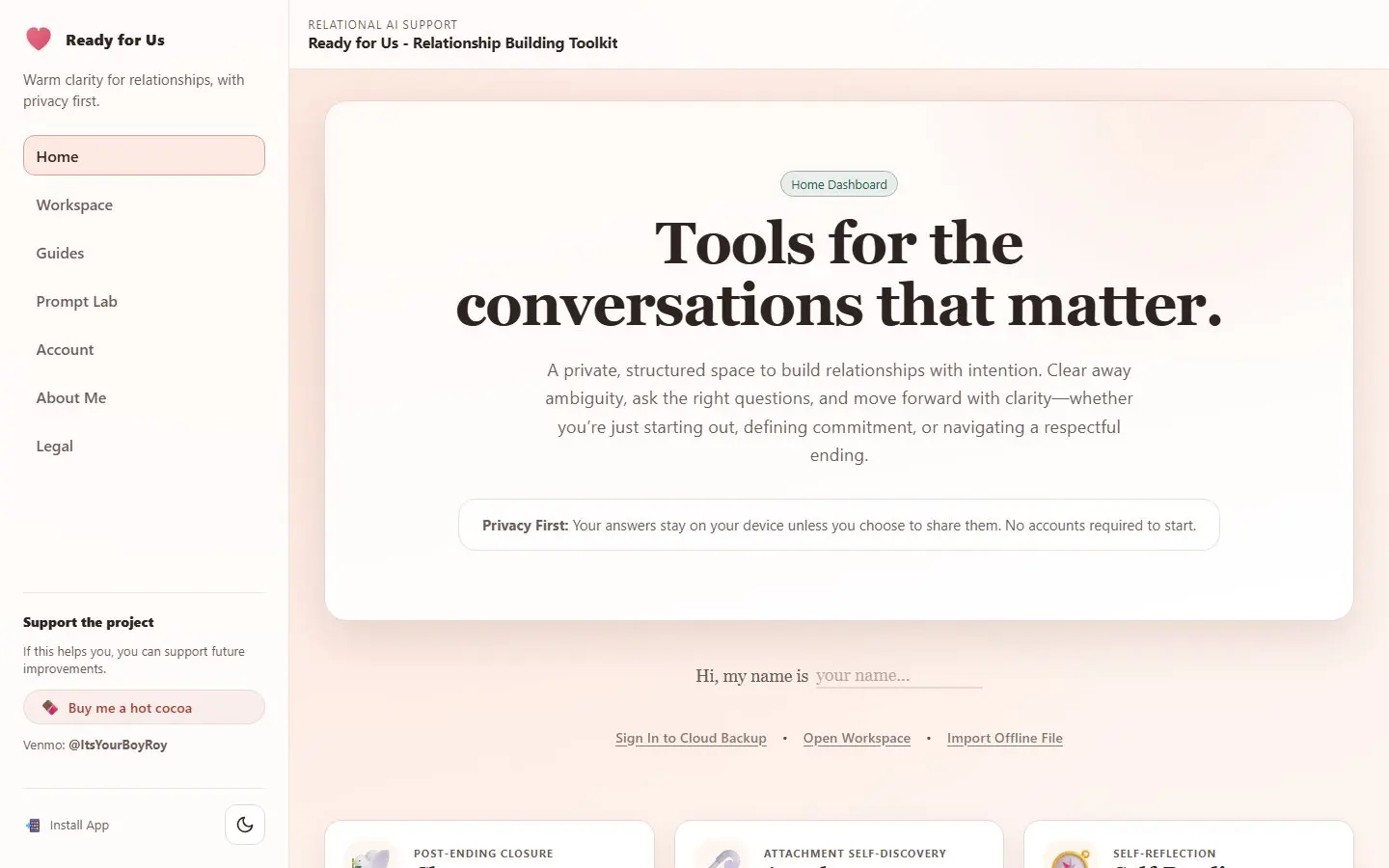 High-fidelity website screenshot for Ready for Us, a Personal Project.