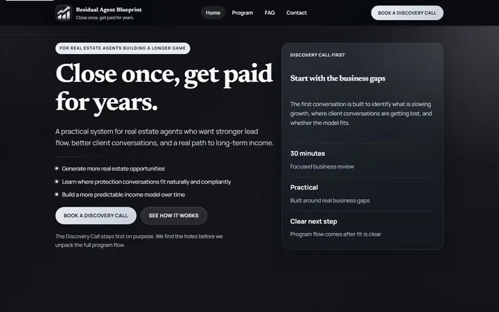 Desktop screenshot of the website for The Residual Agent, showcasing its layout and design.